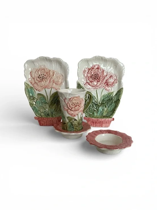 Lenwile Ardalt Majolica Pink Peony Floral Ceramic Mug and Saucer Set - Picture 7 of 7